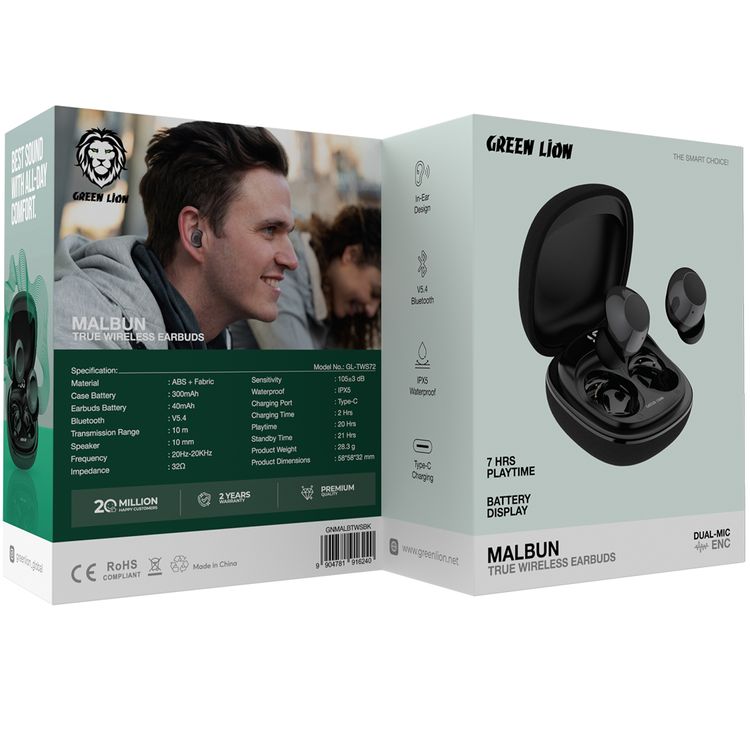 سماعات الأذن اللاسلكية الحقيقية جرين ليون مالبون مع ENC، ميكروفونات مزدوجة، منفذ شحن Type-C، إصدار بلوتوث 5.4. مدى بلوتوث 10 متر، بطارية حقيبة بسعة 300 مللي أمبير، وقت شحن ساعتين، وقت استعداد 21 ساعة، عرض حالة البطارية - باللون الأسود.