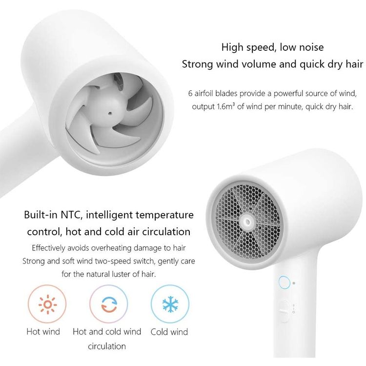 Xiaomi NUN4052GL Mijia Lonic Hair Dryer 1800W Water Ion Electric Hair Dryer Quick Dry Water Ion Protect Hair Smart Temperature Control Dryer - White