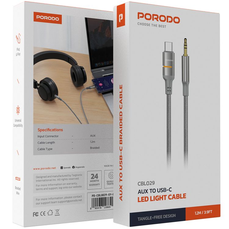 Porodo AUX to USB-C Cable with LED Light, 1.2m Cable Length, Universal Compatibility, Braided Cable Type, Tangle-Free Design - Gray