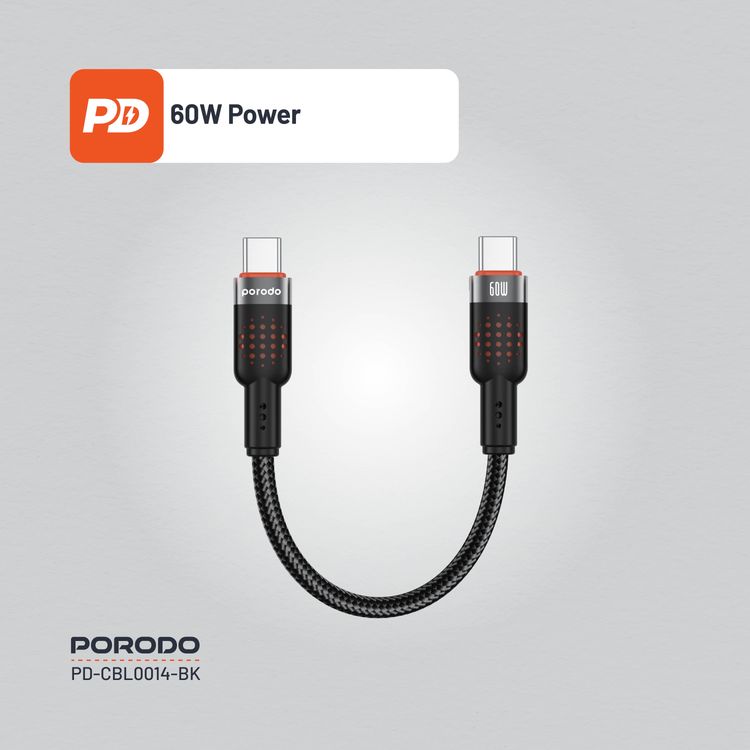 Porodo  Aluminum Alloy 25cm Braided Cable Type-C to C, PD 60W, 480Mbps Transfer Speed, more than 15000 Bends Life Span, Tangle Free - Black