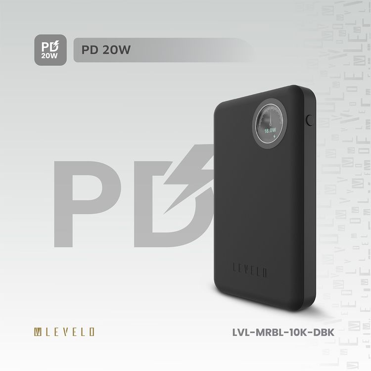 Levelo Marabella MagSafe Leather 10000mAh Power Bank with OLED Battery Status Display, N52 Magnets, 15W Wireless Charging, 20W Power Delivery, Overcurrent Protection - Dusk Black