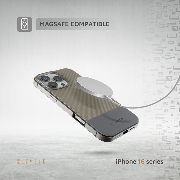 Levelo Cuir Two Tone Leather Case For iPhone 16 Pro, Durable, Compact Design, MagSafe Compatible, Hybrid Case, Impact-Resistant Corners , Aluminum Bumper Finish, High Quality Material - Gray