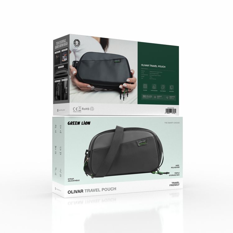 Green Lion Olivar Travel Pouch with Portable Handle, Multiple Compartments, Splash-Resistant, Shoulder Strap Buckle, Durable Zipper Closure, Travel-Friendly - Black