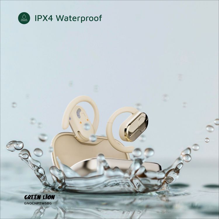 سماعات أذن Green Lion Ocean Plus مفتوحة مع ميكروفون مزدوج ENC، وقت تشغيل يصل إلى 6 ساعات، دوران حر 135 درجة، سعة بطارية علبة شحن 300 مللي أمبير/ساعة، وضع اللعب، زمن انتقال منخفض، وقت استعداد 180 ساعة، مقاومة للماء IPX4 - بيج