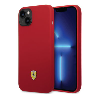 Ferrari Liquid Silicone Case with Black Camera Outline & Metal Logo iPhone 14 Plus Compatibility - Red