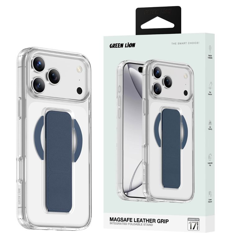 Green Lion MagSafe Leather Grip Case for iPhone 17 Pro Max, Crystal Clear, Scratch Resistance, Leather Grip Strap, Strong Magnets, Military Grade Protection - Blue Titanium