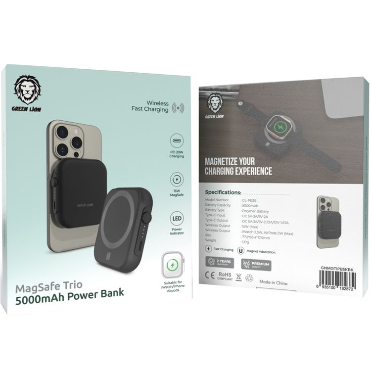 Green Lion MagSafe Trio Power Bank, 5000mAh Polymer Battery, Wireless Fast Charging, LED Power Indicator, PD 20W Charging, Type C Input - Black