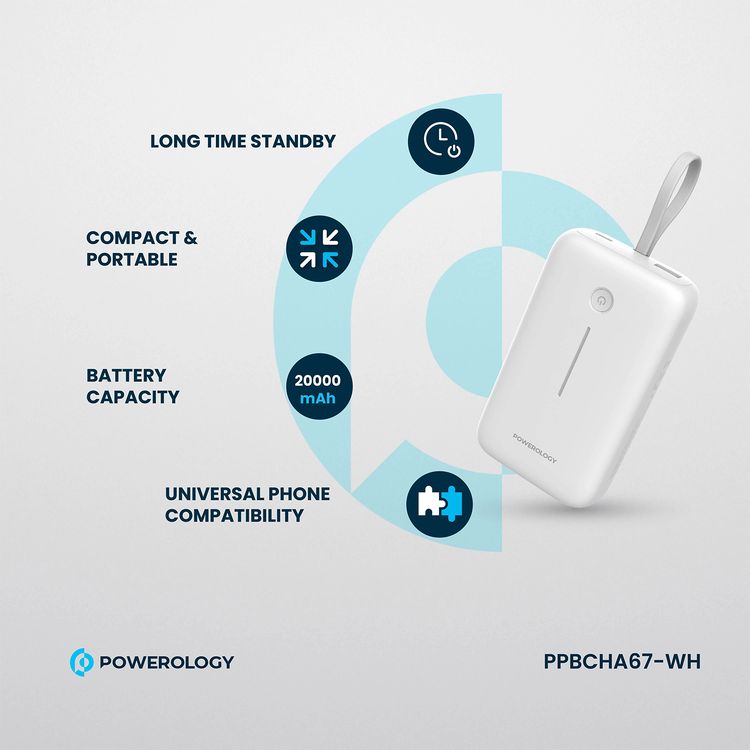 Powerology 20000mAh Power Bank with Detachable USB-C Wire, 30W Power Delivery, 3-Device Charging, Long Time Standby, Universal Phone Compatibility, Built-in Safeguards - White