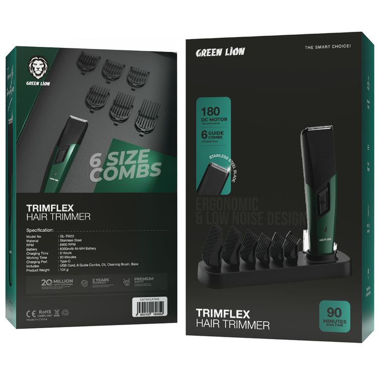 Green Lion Trim Flex Hair Trimmer with 6 Size Combs, 600mAh Battery Capacity, 8 Hours Charging Time, 45 Minutes Working Time, Type-C Charging Port, Stainless Steel Material, LED Indicator, Ergonomic & Low Noise Design - Black 