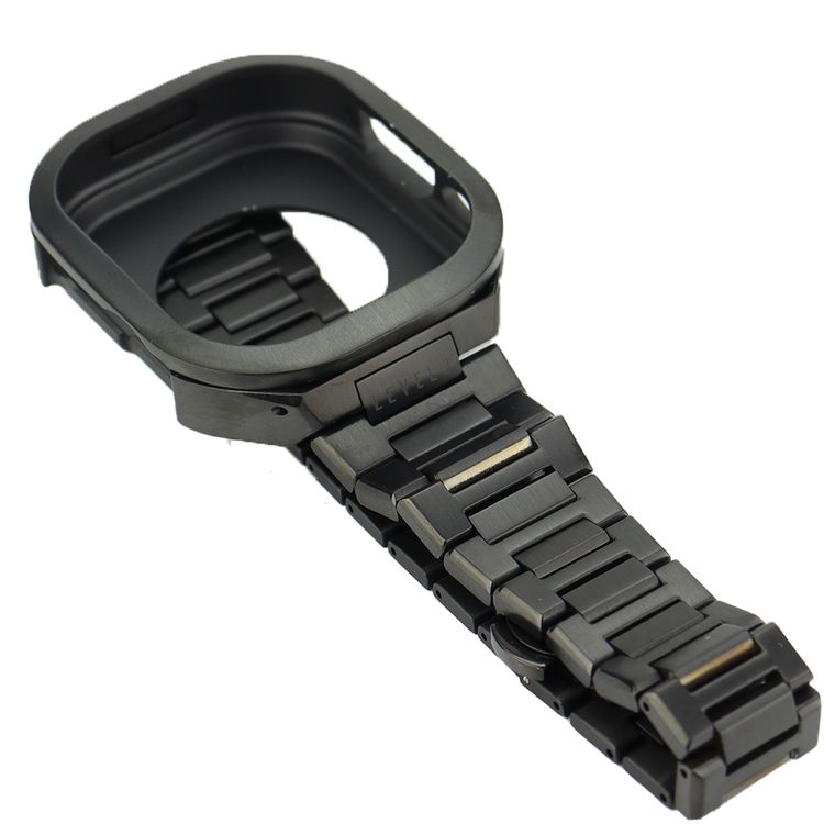 Levelo Royal Stainless Steel Strap & Case for Apple Watch 49mm, Butterfly Clasp, Adjustable Links, Quick & Convenient Removal - Black