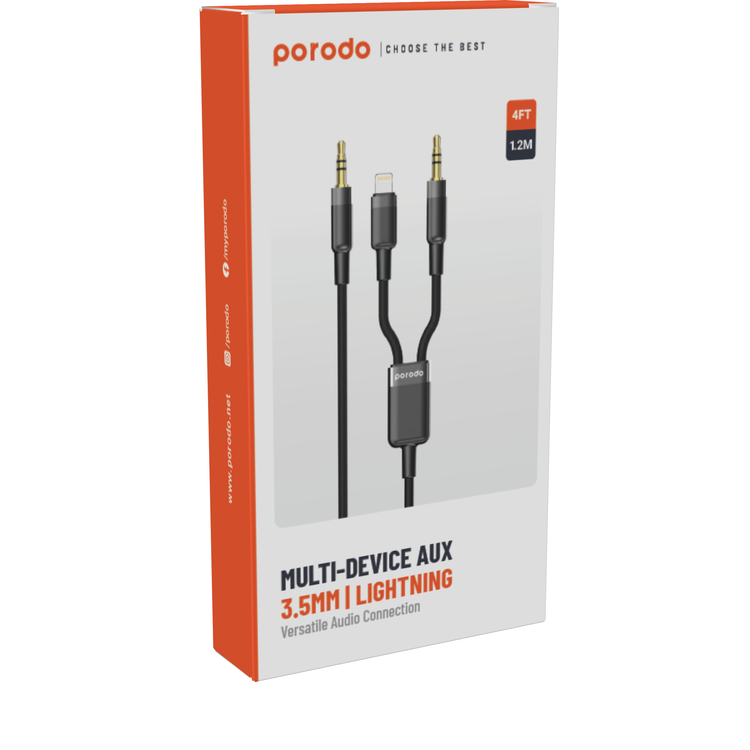 Porodo Multi-Device AUX 3.5mm & Lightning Cable, 1.2m Cable Length, Tangle Free, More than 15000 Bends - Black