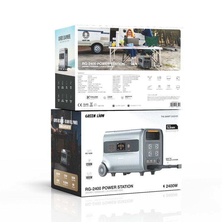 محطة الطاقة جرين ليون RG-2400 مع نظام عربة مدمج، عجلات مطاطية بحجم 4.75 بوصة، 4 منافذ كهرباء AC، 6 منافذ USB، نمط ضوء مستقر، إجمالي قوة 2780 واط، منفذ إخراج ولاعة سجائر، حماية من التحميل الزائد - رمادي