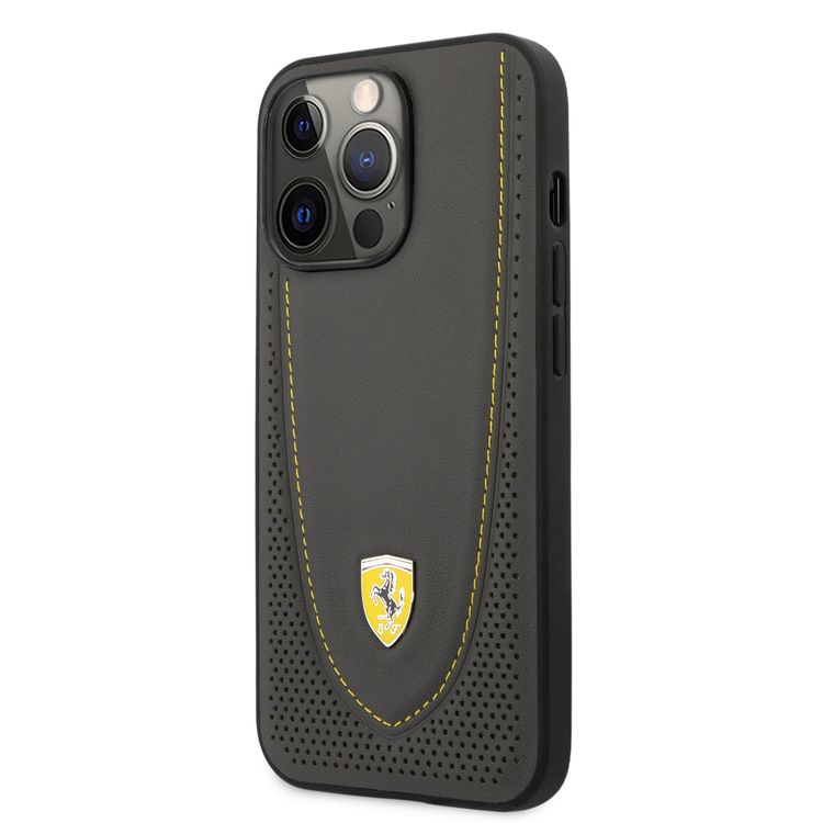 CG MOBILE Ferrari Genuine Leather Hard Case with Curved Line Stitched & Perforated Leather Compatible for iPhone 13 Pro Max (6.7") Shock & Scratches Resistant