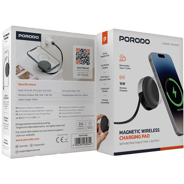 Porodo Magnetic Wireless Charging Pad with Retractable USB-C Output, 15W Fast Charging Mode, 90cm Cable Length, 10W Wireless Charging, Strong Magnetic Grip, Universal Compatibility, Portable & Compact Design - Black
