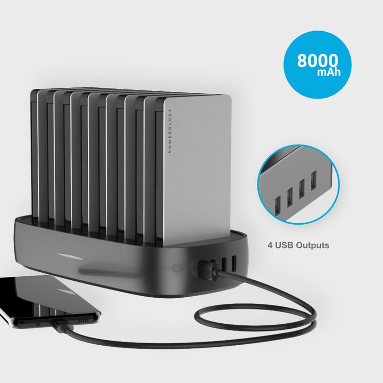 Powerology 8-in-1 Power Bank Station 8000mAh With Built-in Cable, Portable Power Bank and 1 Rapid Recharging Station Compatible iPhone Devices, Type C Charging Ports - Silver