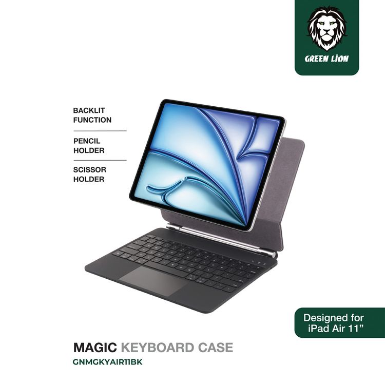 Green Lion Magic Keyboard Case for iPad Air 11", 10 m Operating Distance, Type-C Charging Port, Pencil Holder - Black