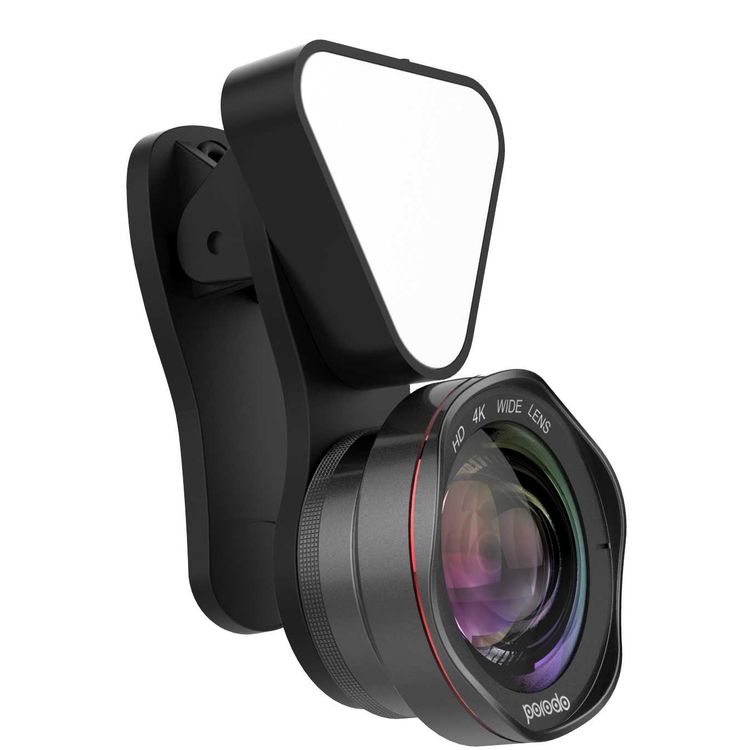 Porodo 3 in 1 Phone Camera Lens with Detachable Flash 3 Level Brightness - Adjustable Angle - 0.6x Wide Angle Lens - 15x Macro Lens - Dual Lens Suitable for Smartphones - Black