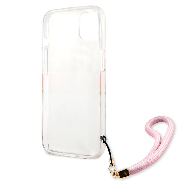 CG MOBILE Guess PC/TPU Case Camo Design & Stripe with Anti-Lost Nylon Strap for iPhone 13 (6.1") Shock Absorption & Drop Protection Suitable with Wireless Chargers Officially Licensed Pink