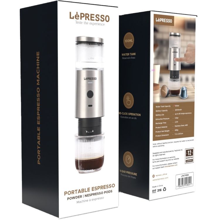 LePresso Stainless Steel Portable Espresso Maker Powder and Nespresso Pods with 9 Bar Pressure, 100mL Water Tank Capacity - Silver