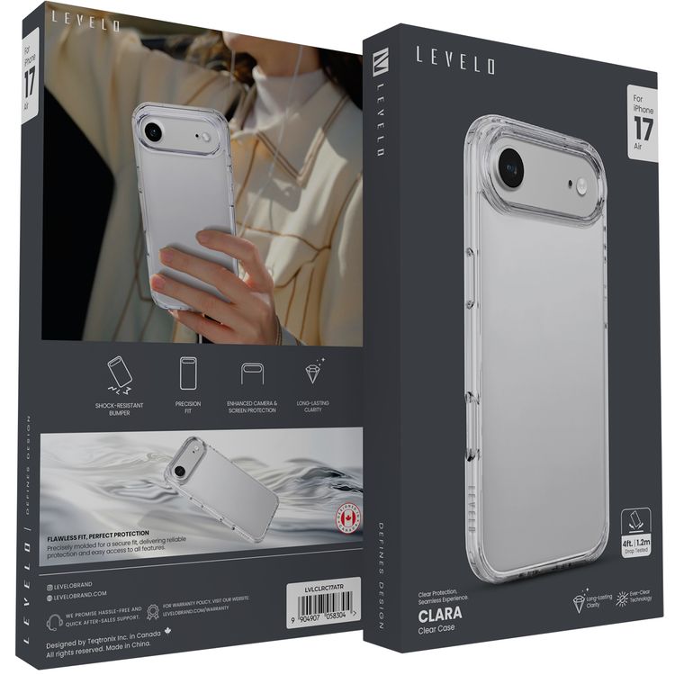 Levelo Clara Clear Case with Long-Lasting Clarity for iPhone 17 Air , Enhanced Camera & Screen Protection, Precision Fit, Shock-Resistant Bumper, Ever-Clear Technology, Drop-Tested - Transparent