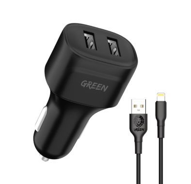 Green Lion Dual Port Car Charger 12W with PVC Lightning Cable 1.2M, Fast Charging Ultra-Fast Sync Charge Cable, Over-Current Protection, Compatible for iPhone Lightning Devices
