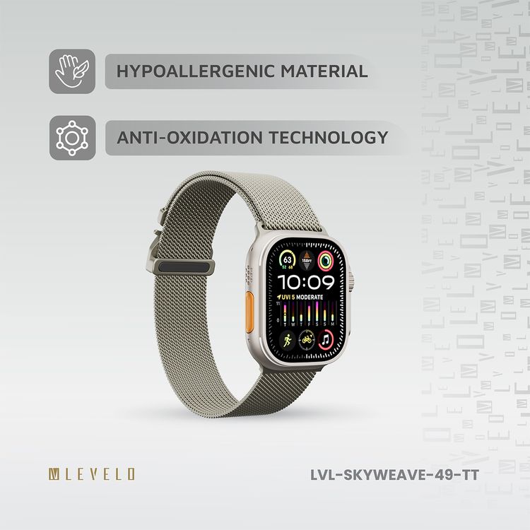 حزام ساعة Levelo SkyWeave، متوافق مع الساعات الذكية 49/46 ملم وساعة Apple Watch SE، السلسلة 9، 8، 7، 6، 5، هيكل من قطعتين، مقاوم للماء، للارتداء على مدار الساعة طوال أيام الأسبوع - التيتانيوم