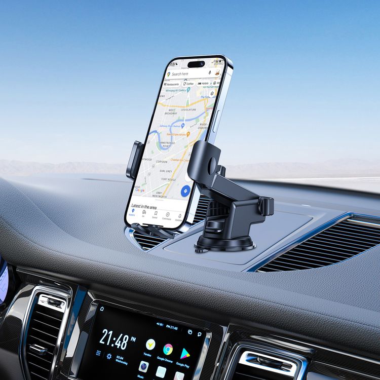 Porodo Dash & Windshield Mount with Adjustable Viewing Angle, Strong Adhesive, 60-90mm Grip Width, ABS & Silicone Material, Secure Grip - Black