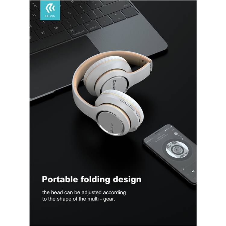Devia Kintone Series Wireless Headset with HIFI Sound Quality, Hands-free Calling, Subwoofer Switch Button, 24 Hours Playtime, Foldable Design, Lightweight - White