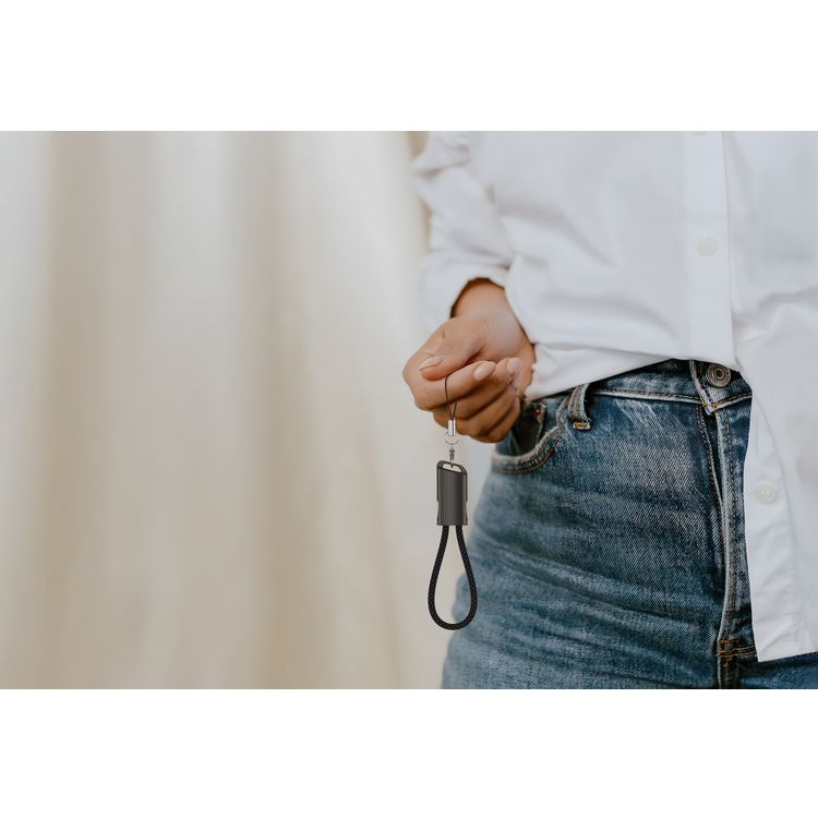 Porodo Chargeloop Keychain USB-C to USB-C Data Cable with 60W PD Output, 480Mbps Data Transfer Rate, 20cm Cable Length, Durable Zinc Alloy & Nylon Braided Material, High-Speed Charging, Compact Design - Black