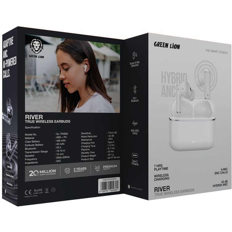 Green Lion River True Wireless Earbuds with ANC + ENC Clarity, Up to 7 Hours of Playtime, Smart in-Ear Detection, Bluetooth Version 5.4, -42dB Noise Reduction, 35 Hours Standby Time - White