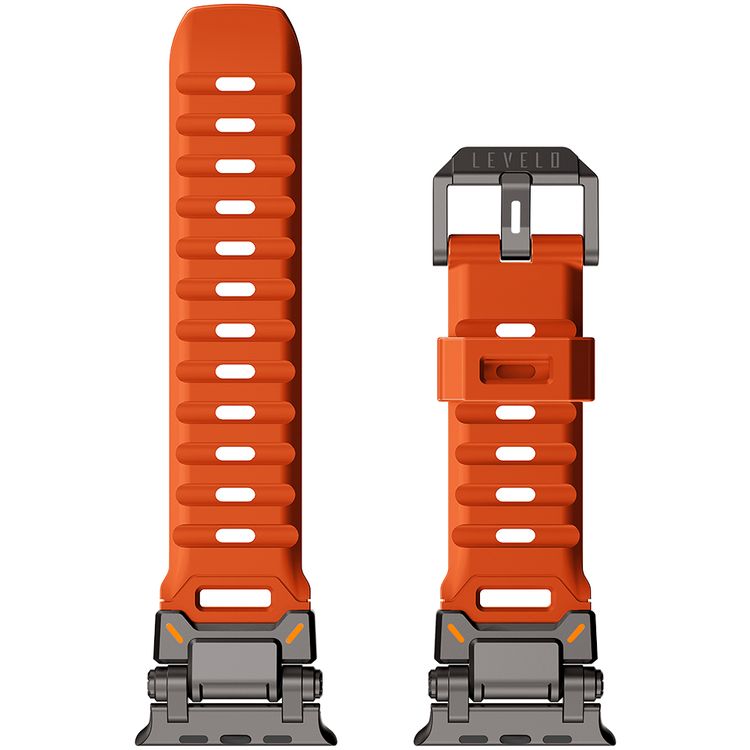 Levelo Kyoto Watch Strap, Apple Watch SE 9/8/7/6/5 (46/49mm), Fluoro Rubber & Stainless Steel Finish, Chemical Resistance, Hypoallergenic, 24/7 Wearability - Sunset Orange