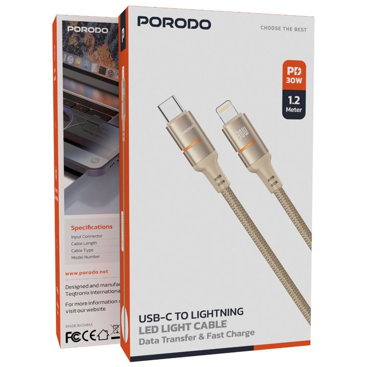 Porodo USB-C to Lightning LED Light Cable with 30W Power Delivery, 480Mbps Transfer Speed, 1.2m Cable Length, Fast Charging & Data Transfer, Braided Wire - Gold