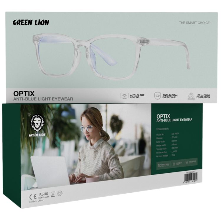 Green Lion Optix Anti-Blue Light Eyewear with Anti-Digital Eye Fatigue, 53mm Lens Width, Anti-Glare Coating, Night-Time Comfort, 19mm Bridge Width, UV400 Protection, 135mm Temple Width, Eye Strain Reduction - Clear