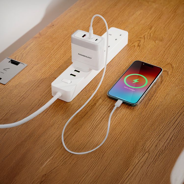 Powerology Lunex Series 3-Port Fast Charging Adapter with 100W PD USB-C Output, 18W QC USB-A Output, Multi-Device Charging, Powerful Laptop Charging, Universal Protocol Support - White