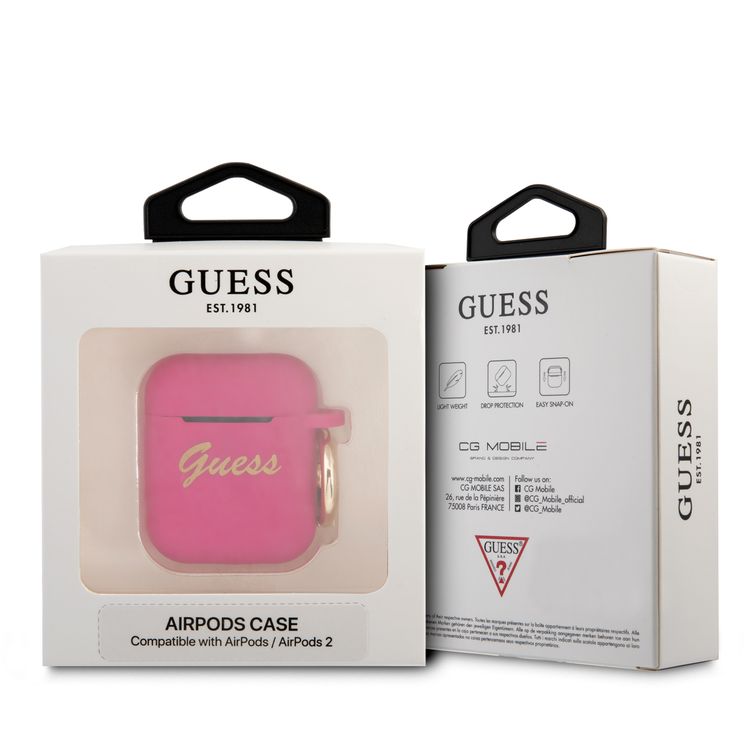CG MOBILE Guess Silicone Printed Script Case with Anti-Lost Ring Compatible for AirPods 1/2, Scratch Resistant, Shock Absorption & Drop Protection Cover Officially Licensed - Fuchsia