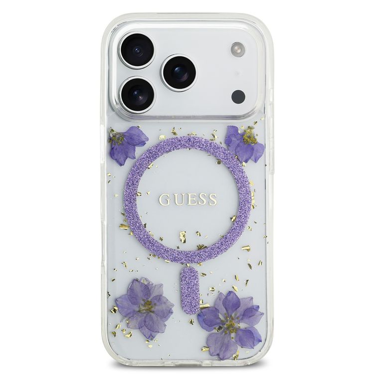 جراب جيز ماج سيف براتنج مع زهور ونمط جليتر لجهاز آيفون 17 برو ماكس، بروفايل نحيف، حماية من الصدمات، تركيب سهل، تغليف مستدام، قبضة مريحة، تصميم خفيف الوزن - أرجواني.