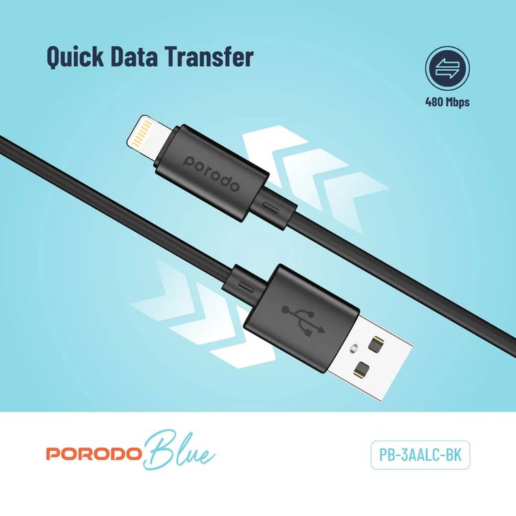 Porodo Blue USB-A to Lightning Charging Cable with 480Mbps Data Transfer, 3A Fast Charge, Flexible Material, Universal Compatibility - Black 