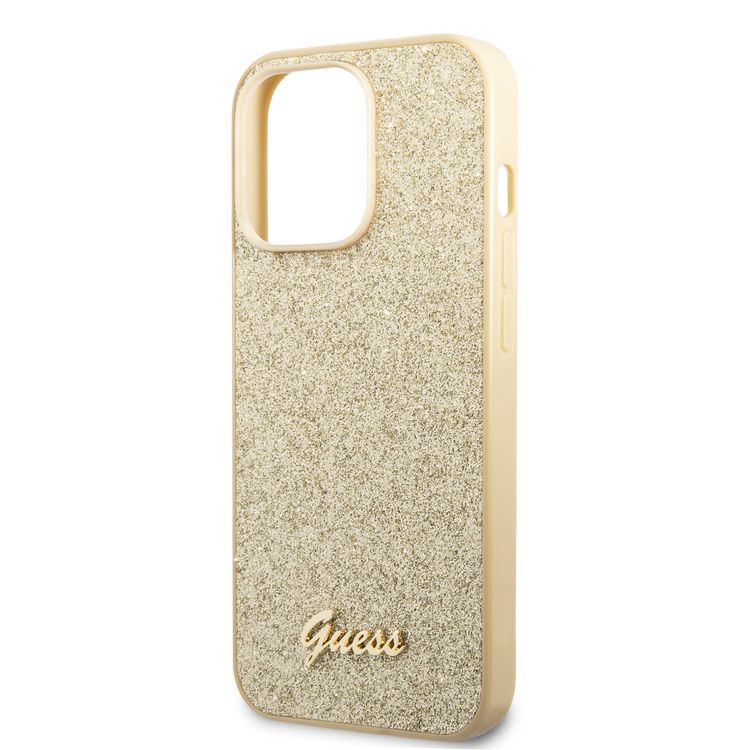 Guess PC/TPU Glitter Flakes Case with Script Metal Logo iPhone 14 Pro Max Compatibility - Gold
