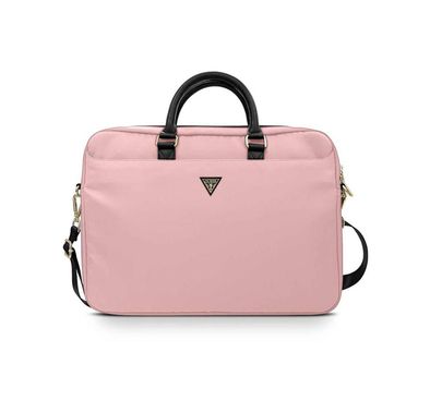 Guess Nylon 15" Laptop Bag with Metal Triangle Logo, Carrying Handles, Adjustable Shoulder Strap, Multiple Pockets, High-Quality Nylon & Polyester Material - Light Pink