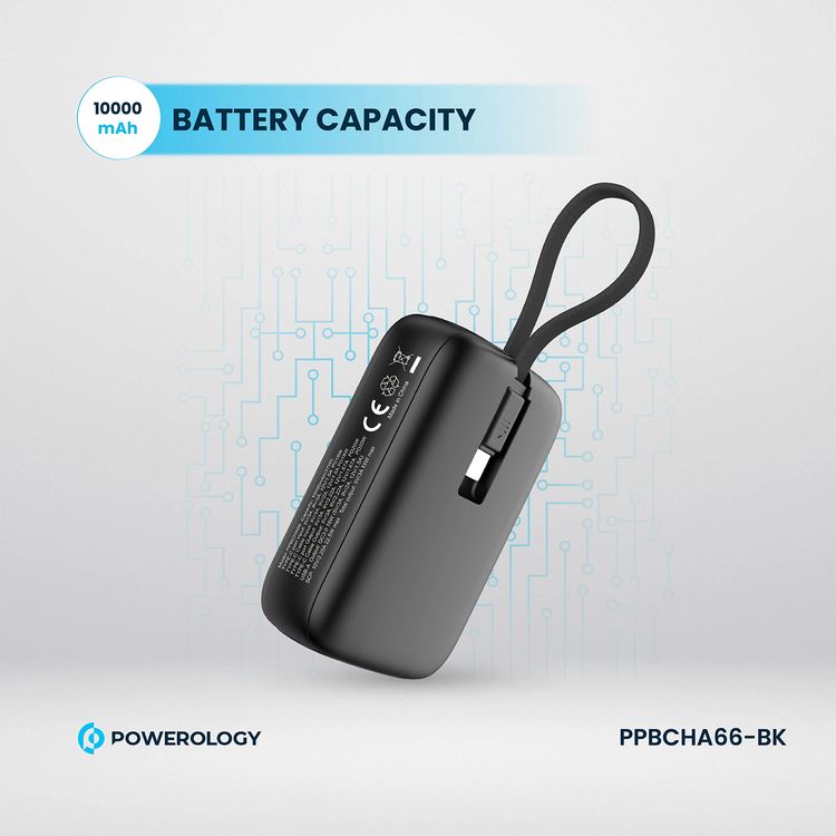 Powerology 10000mAh Power Bank with Detachable USB-C Wire, 20W Power Delivery, 3-Device Charging, Long Time Standby, Universal Phone Compatibility, Built-in Safeguards - Black