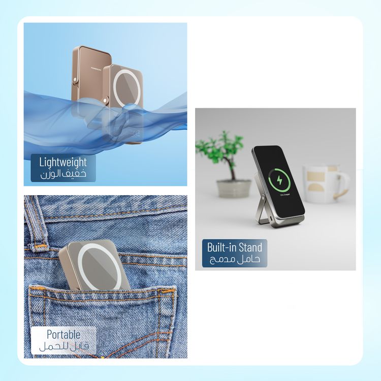 Powerology 10000mAh Magsafe Glass Surface Power Bank with Compact Design, Type-C & Wireless output, Integrated Stand, Aluminum Material, 20W Power Delivery, Cable-Free - Titanium 