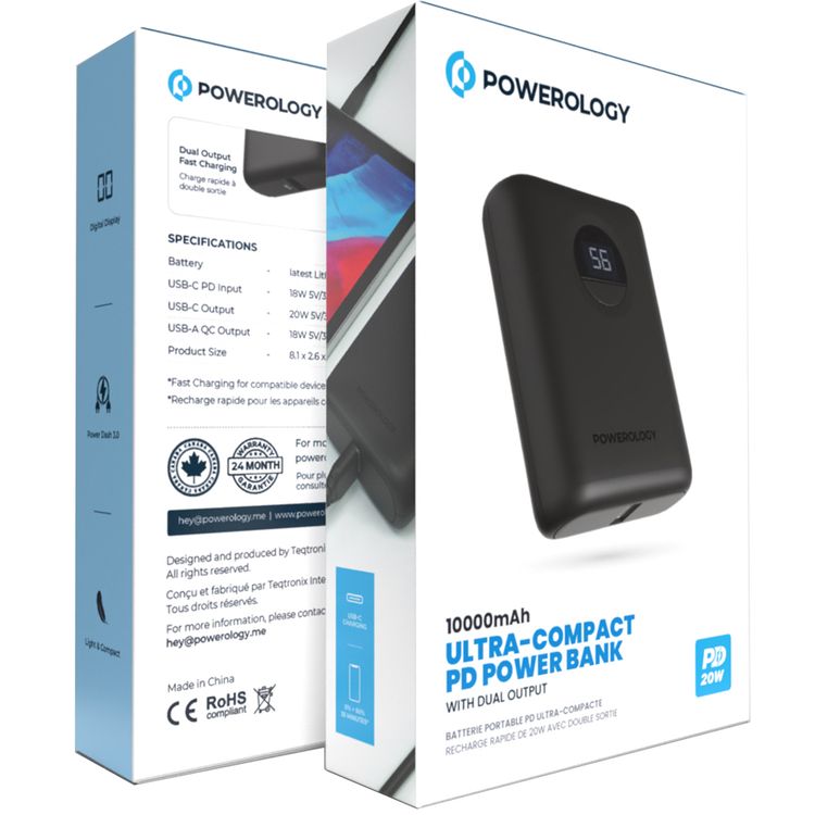 Powerology Ultra-Compact PD 10000mAh Power Bank with Digital Display, 20W Power Delivery, USB-A QC 18W, 0%-60% Charge in 35 Minutes, PowerDash 3.0, Lithium-ion Battery, Lightweight & Compact - Black