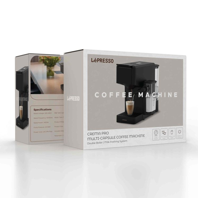 LePresso Crema Pro Multi-Capsule Coffee Machine with Double Boiler, Milk Frothing System, Capsule Holder, Ground Coffee Holder, 200mL Milk Tank Capacity, 850mL  Water Tank Capacity, 3-Pin UK Plug Power, Automatic Shutdown - Black