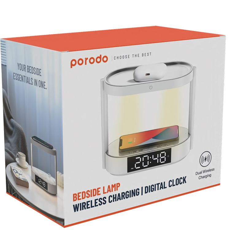 Porodo Bedside Light with Wireless Charger and Digital Clock, 3 Brightness Levels, Dual Wireless Charging, Alarm and Snooze Function, Digital Display - White