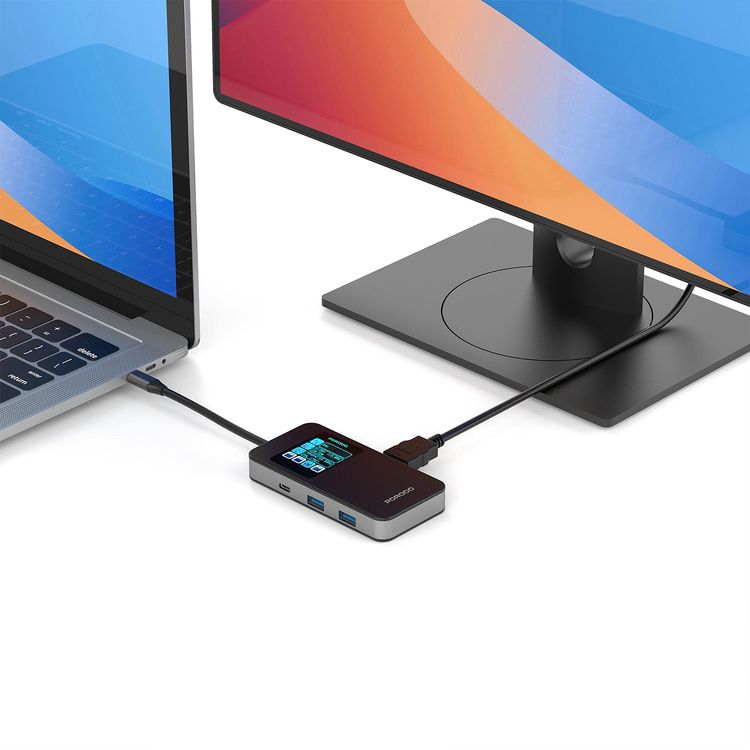 Porodo 6-in-1 Multi-Port USB-C Hub with Smart Digital Display, 150mm Cable Length, 4K@60Hz HDMI Output, 100W Power Delivery, High-Speed Data Transfer, Plug & Play Operation - Gray