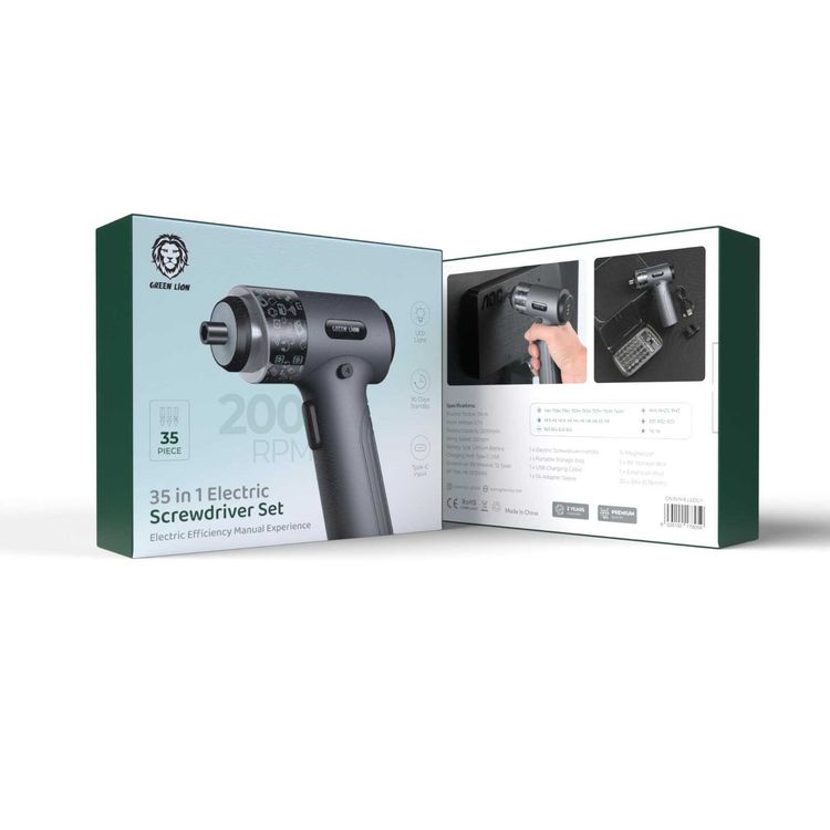 Green Lion 35-in-1 Electric Screwdriver Set with LED Light, 2500mAh Battery Capacity & 90 Days Standby, Type-C Input - Black 