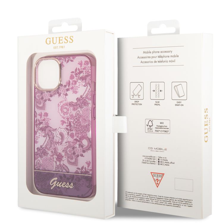 Guess PC/TPU IML Case With Double Layer Electroplated Camera Outline & Toile De Jouy - iPhone 14 - Fuchsia