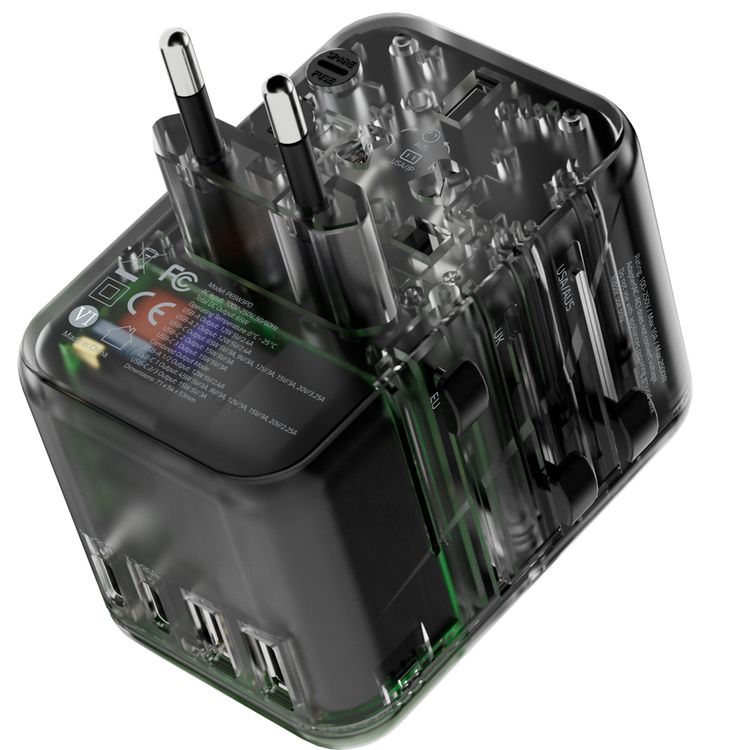 Powerology 65W PD Universal Multi-Port Travel Adapter with Triple USB-C Outputs, Universal Plugs, Combined Output Mode, Lightweight & Portable, Travel Friendly - Transparent / Gray 