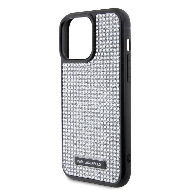 Karl Lagerfeld Rhinestone with Logo Metal Plate Case for iPhone 15 Pro Max - Silver