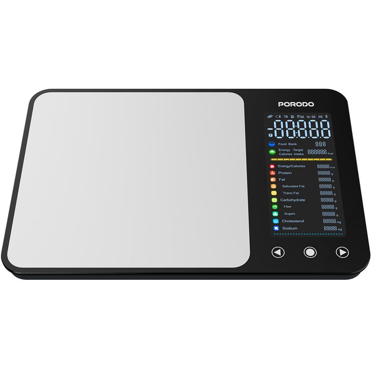 Porodo Kalio Smart Food Kitchen Scale with 3-5000g Weighing Range, IPX5 Water Resistant, Tempered Glass Platform, 5°C to 40°C Operating temperature - Silver 